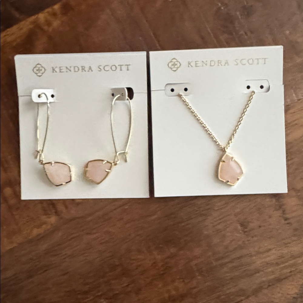 NWT Kendra Scott Cathy Pink Stone Gold Tone Drop Earrings and Pendant Necklace